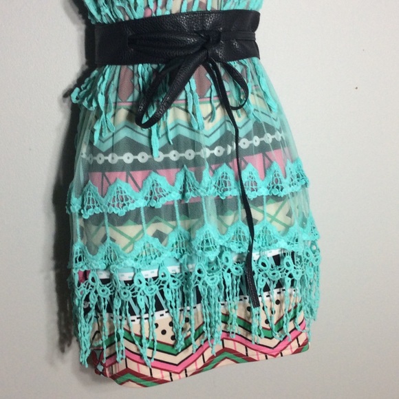 🎀 4PC BOHO CHIC TEAL MINI DRESS FRINGE TRIBAL BELT NECKLACE BOHEMIAN BUNDLE SET - Picture 3 of 8